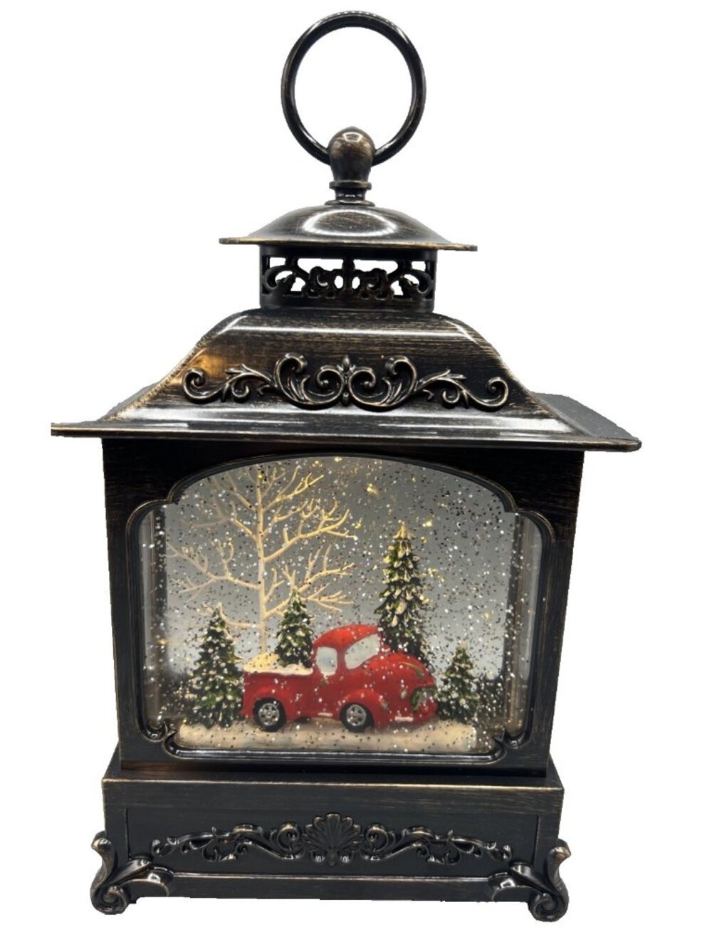 Christmas Red Truck & Christmas Tree Lantern Lighted Snow Globe 11" Tall Farm